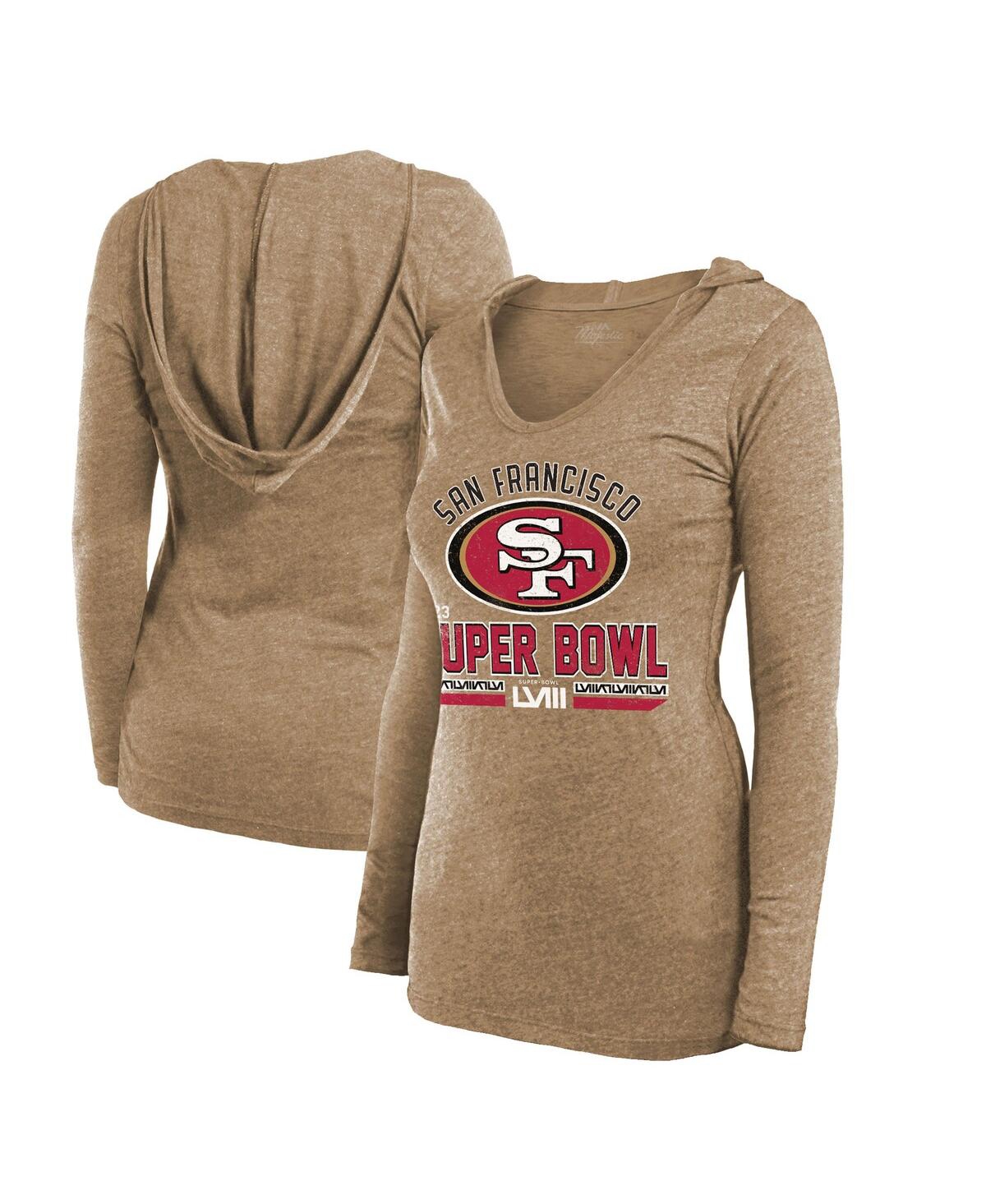 Women's Majestic Threads Gold Distressed San Francisco 49ers Super Bowl Lviii Hard Court Tri-Blend Long Sleeve V-Neck Hoodie T-shirt - Gold