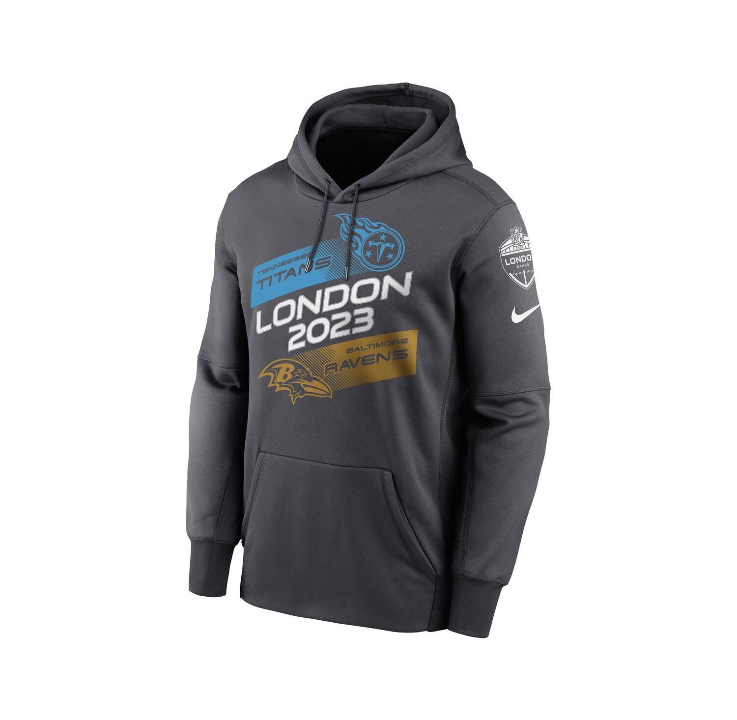 Men's Anthracite Tennessee Titans vs. Baltimore Ravens 2023 London Game Pullover Hoodie