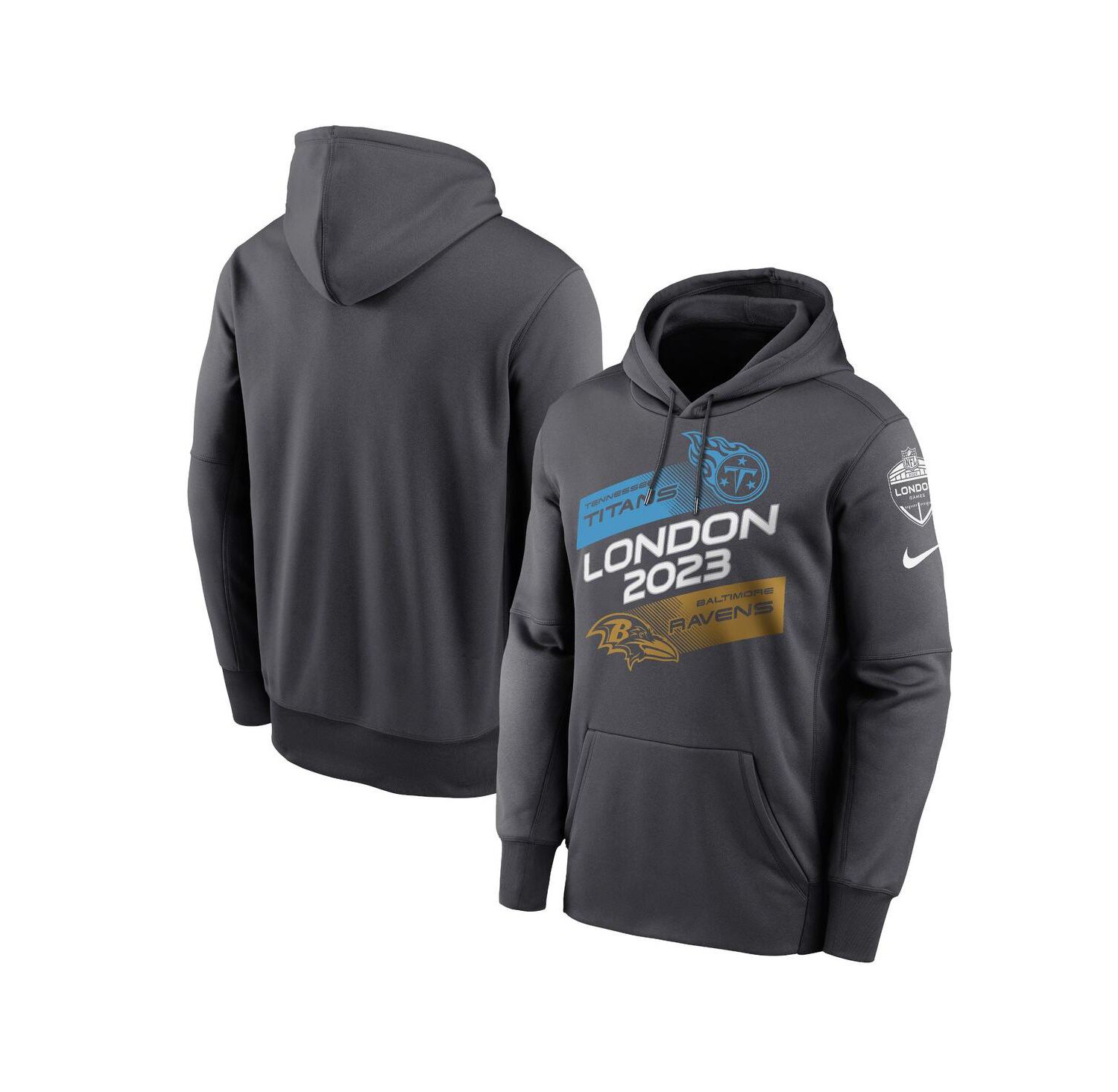 Men's Anthracite Tennessee Titans vs. Baltimore Ravens 2023 London Game Pullover Hoodie