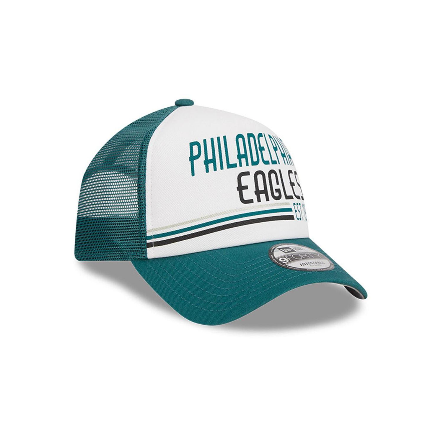 Men's White, Midnight Green Philadelphia Eagles Stacked A-Frame Trucker 9FORTY Adjustable Hat