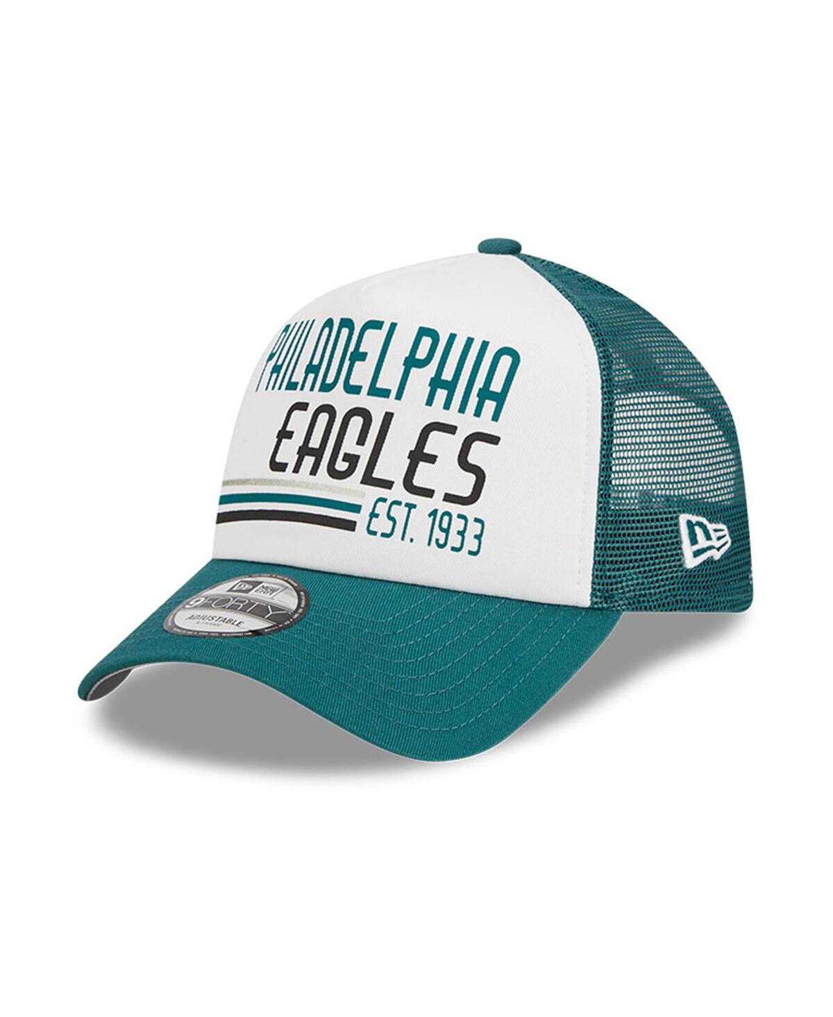 New Era Men's  White, Midnight Green Philadelphia Eagles Stacked A-frame Trucker 9forty Adjustable Ha In White,midnight Green