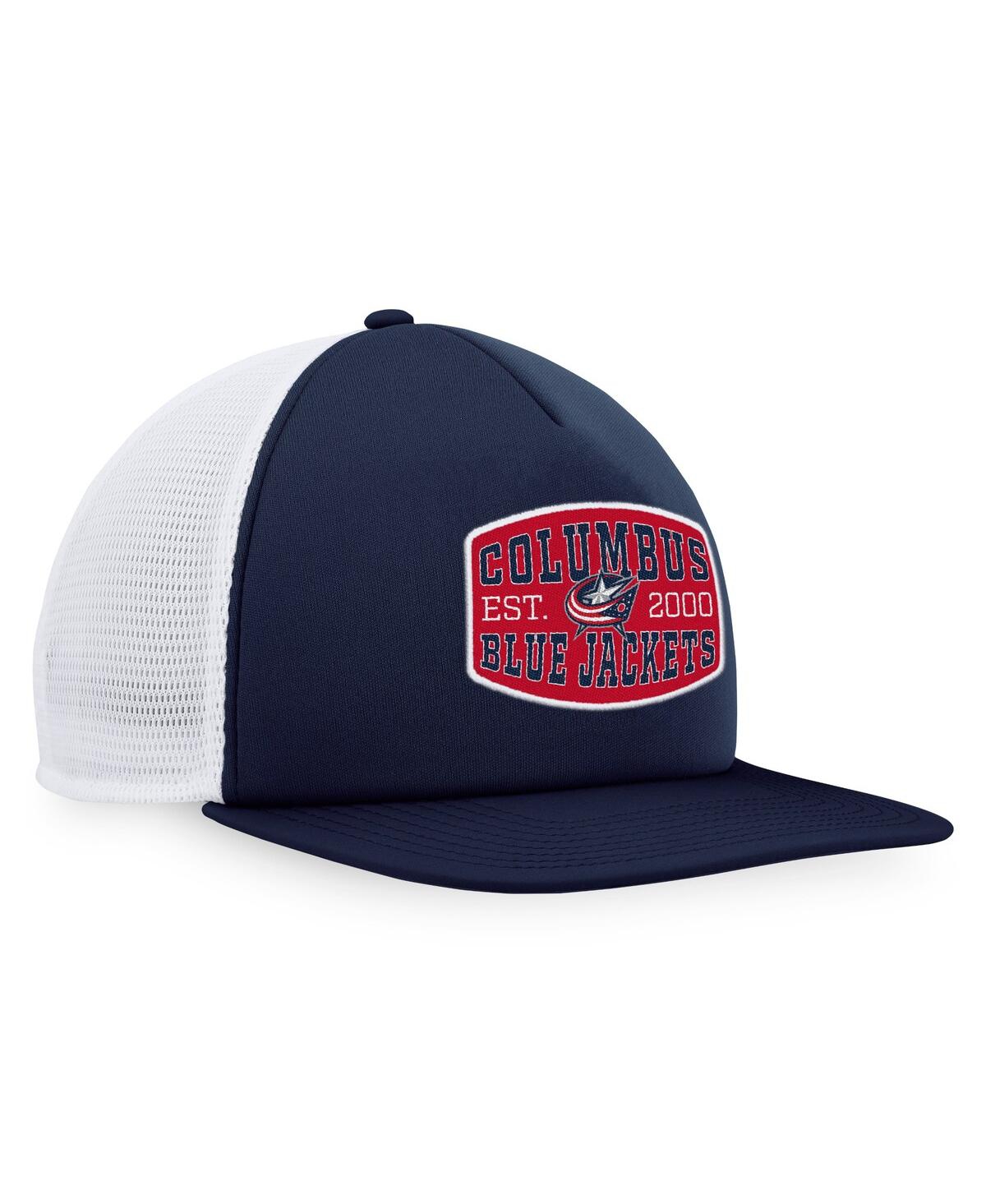 Fanatics Branded Navy/white Columbus Blue Jackets Foam Front Patch Trucker Snapback Hat In Navy,white