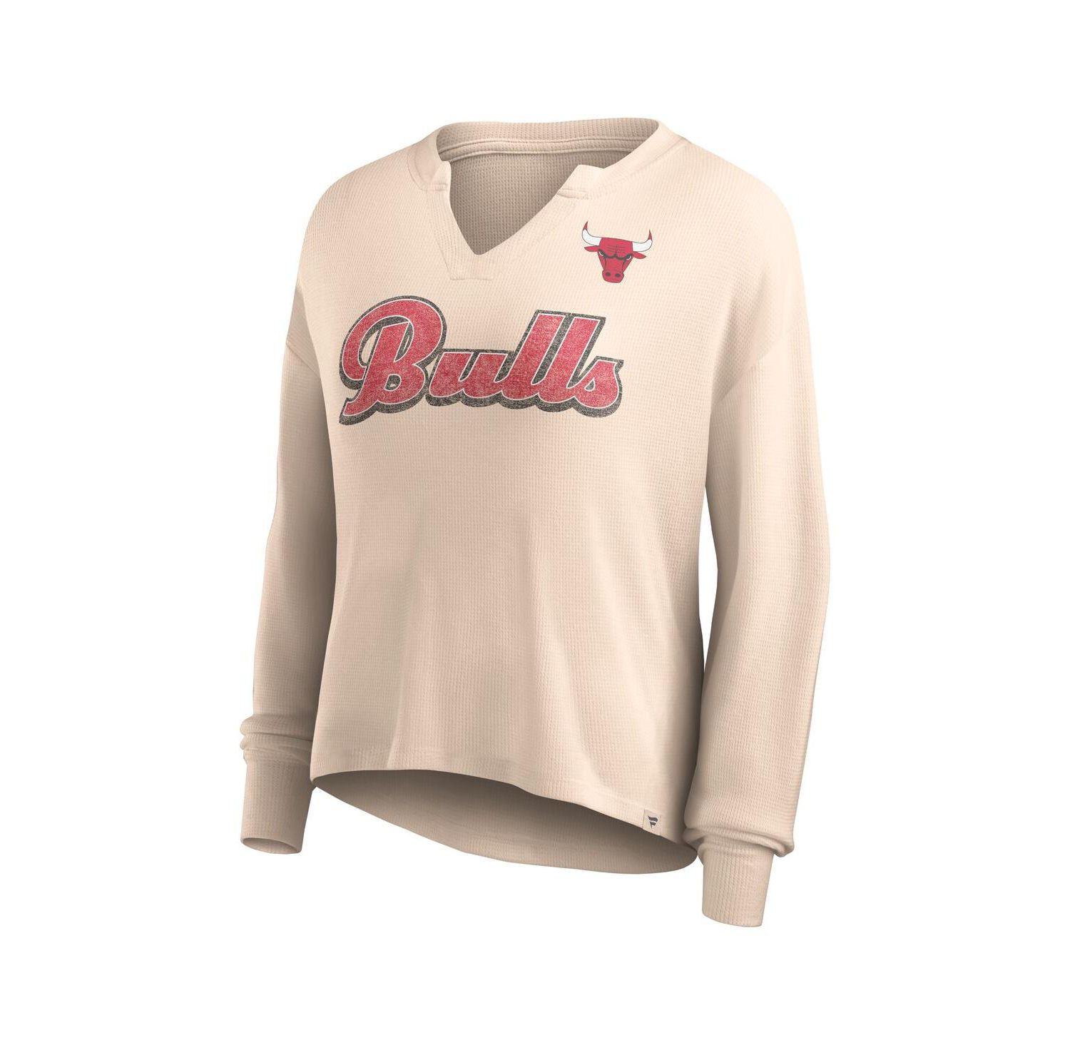 Women's Tan Distressed Chicago Bulls Go For It Long Sleeve Notch Neck T-shirt