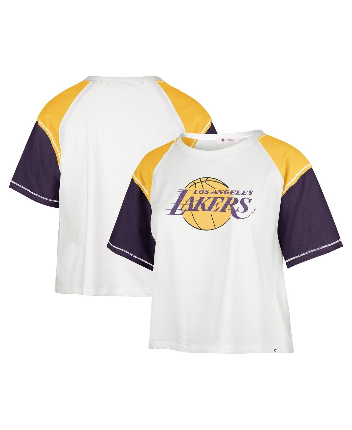 Shop 47 Brand Women's ' Cream Distressed Los Angeles Lakers Premier Raglan Cropped T-shirt