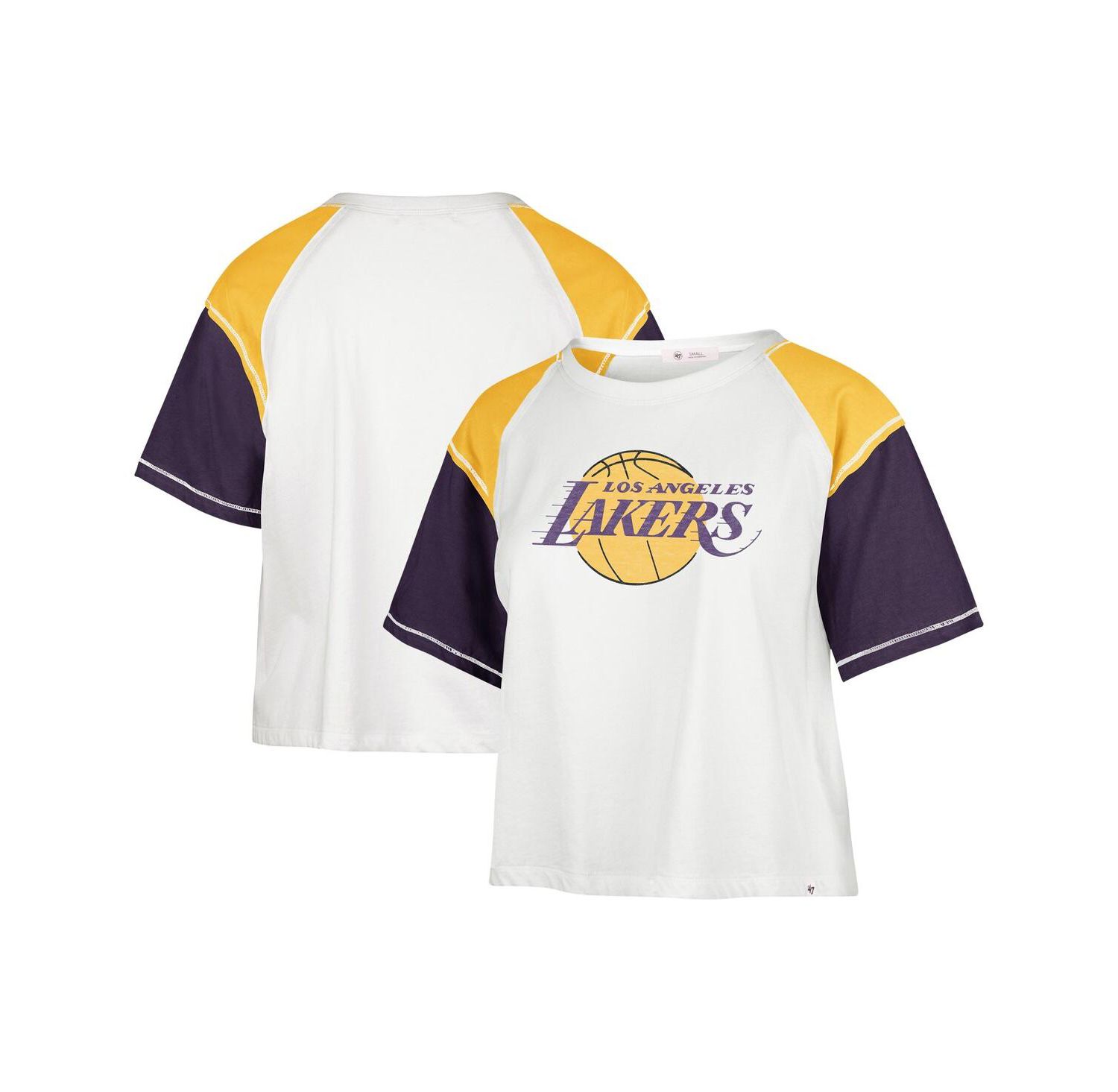 Women's Cream Distressed Los Angeles Lakers Premier Raglan Cropped T-shirt