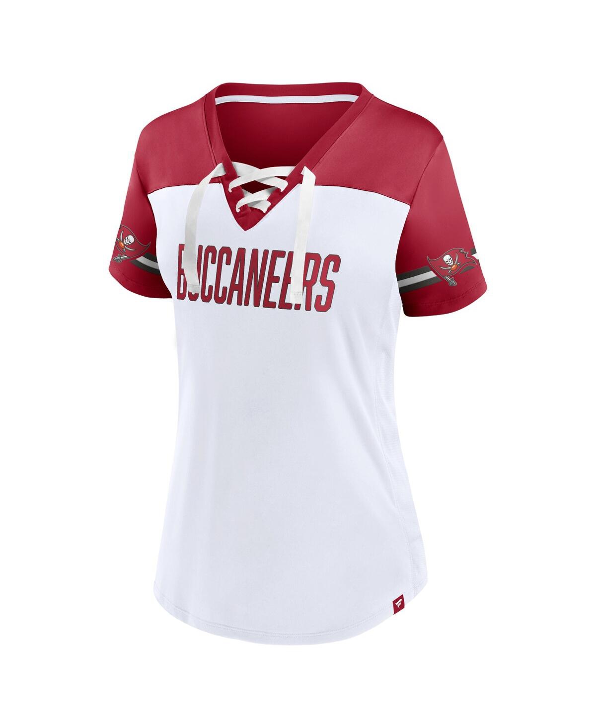 Women's FanaticsTampa Bay Buccaneers Dueling Slant V-Neck Lace-Up T-shirt - White
