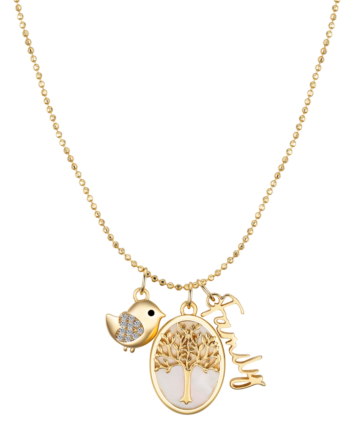 Cubic Zirconia Bird, Mother of Pearl Tree, 14K Gold Plated Family Pendant Necklace - Gold