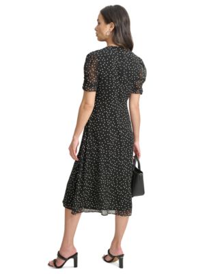 DKNY ★【ドレス】Polka Dot Belted Midi Dress 実用性の一着 Belted Polka Dot Wrap Effect Midi Dress | A-Line Dress
