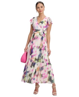 DKNY Women's Chiffon Flutter-Sleeve Tie-Waist Dress 