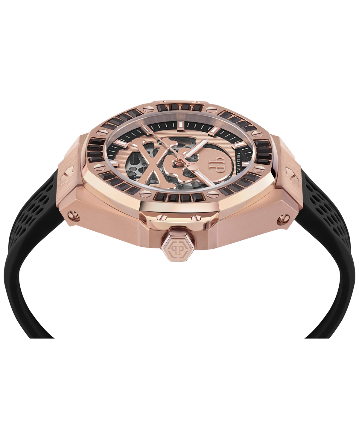 Shop Philipp Plein Men's Automatic Skeleton Royal Black Silicone Strap Watch 46mm In Rosegold