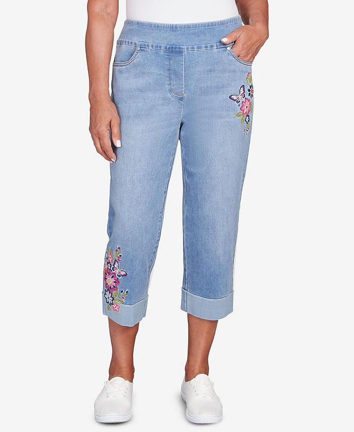 Alfred Dunner Women's In Full Bloom Butterfly Embroidered Denim Capri ...