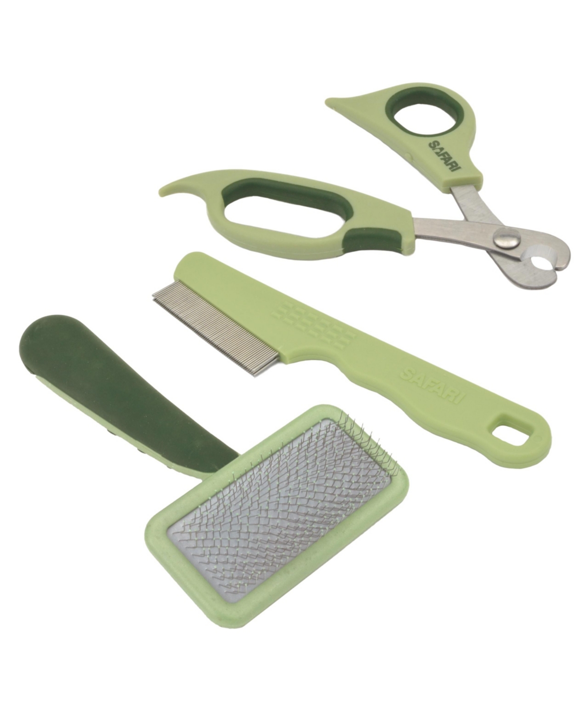Safari by Dog Grooming Bundle - Dog Double Row Flea Comb, Deluxe Dog Nail Trimmer & Soft Slicker Dog Brush - Light/Pastel Green