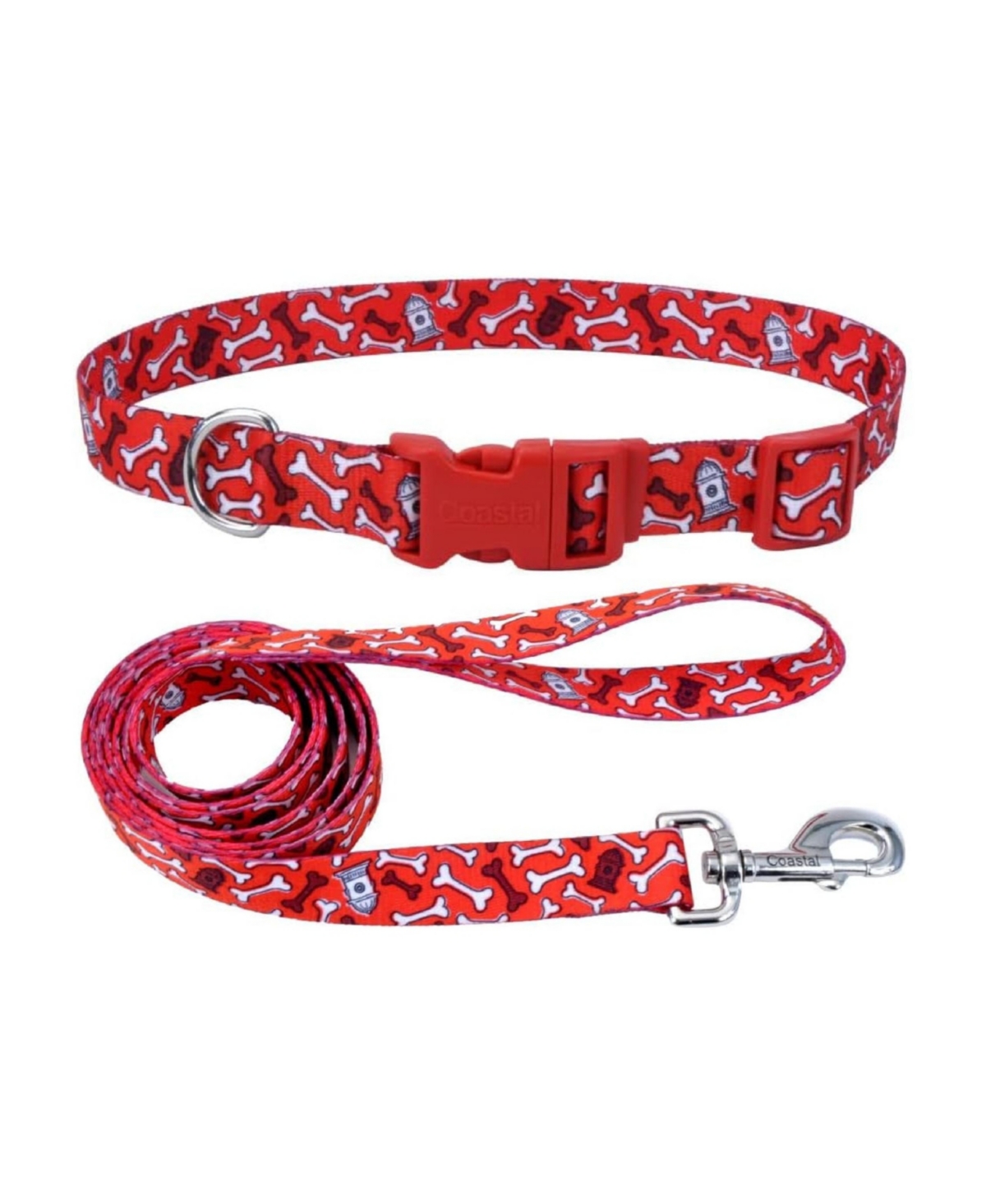 Styles Dog Leash Set - Patterned Dog Leash (3/8" x 6') & Patterned Dog Collar (3/4" x 8"&#x2013;12") - Red Bones - Red
