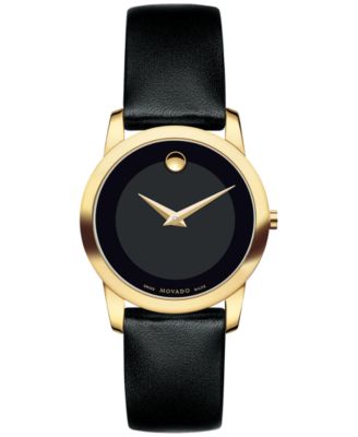 movado museum black dial black leather strap men's watch
