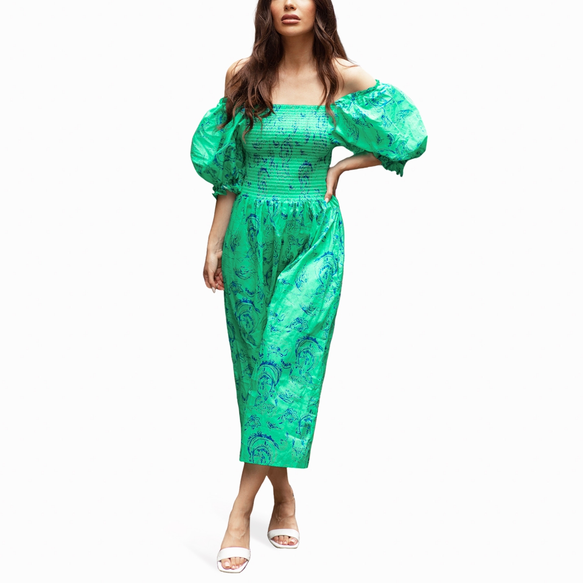 Jessie Zhao New York Fairytale Smocked Midi Dress - Green and blue