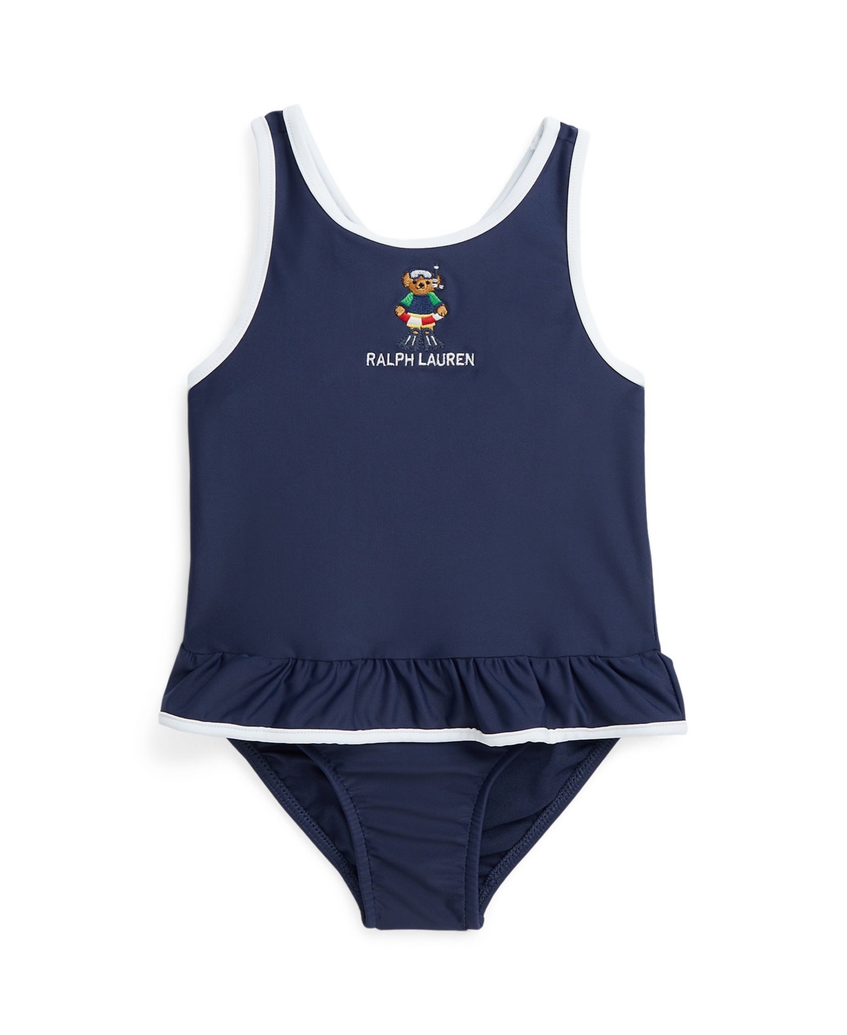 Shop Polo Ralph Lauren Baby Girls Polo Bear Ruffled One Piece Round Neck Swimsuit In Newport Navy With White