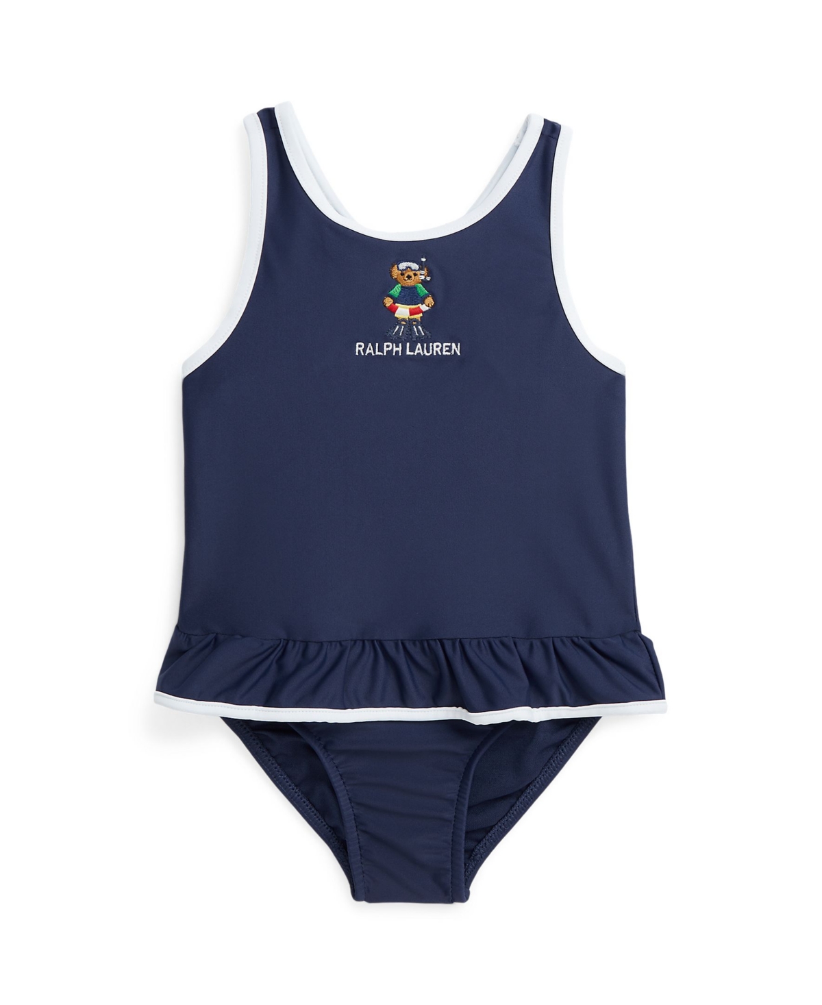 Polo Ralph Lauren Baby Girls Polo Bear Ruffled One Piece Round Neck Swimsuit - Newport Navy with White