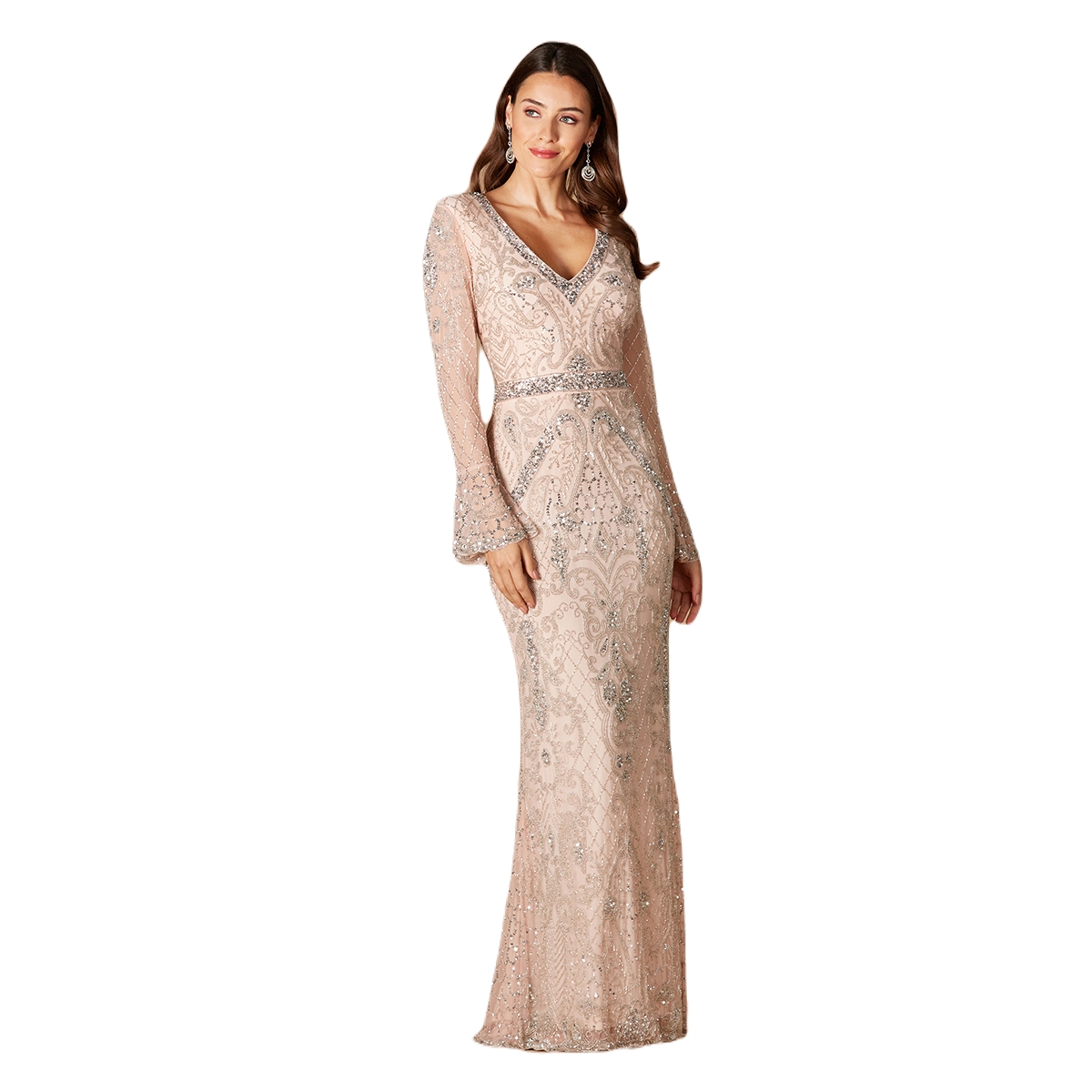 Lara Women's Long Bell sleeve V-neck Beaded Gown - Blush