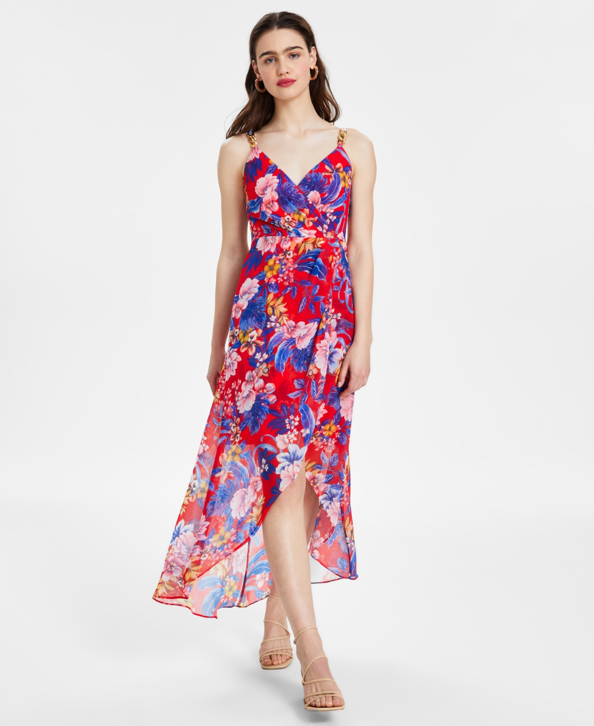 Women's Floral Print Sleeveless High-Low Maxi Dress - Hot pink multi