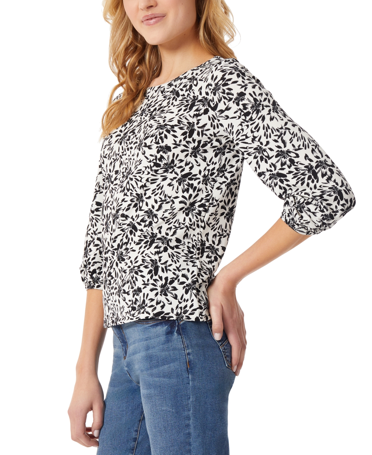Jones New York Women's Floral-Print 3/4-Sleeve Top -Jones Black