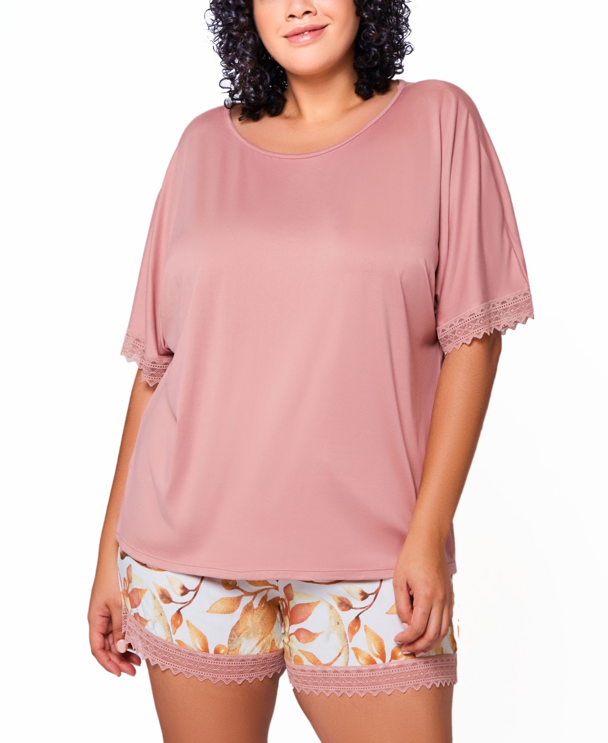 Plus Size 2Pc. Soft Pajama Set Trimmed in Lace - Rose