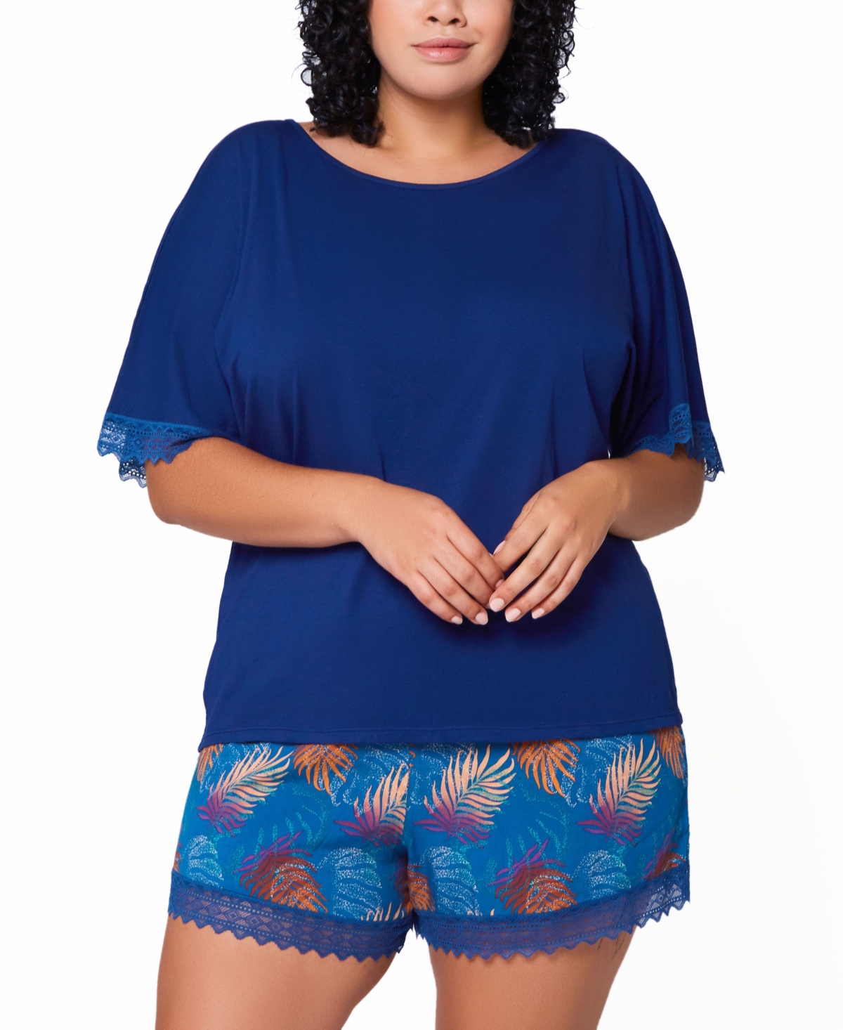 Icollection Plus Size 2pc. Soft Pajama Set Trimmed In Lace In Navy-blue