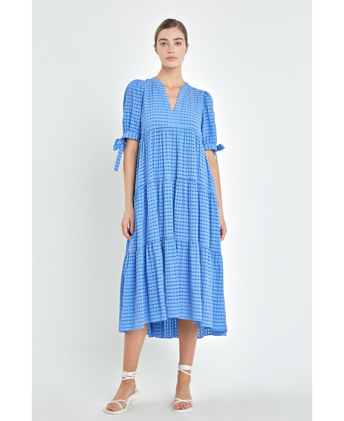 Women's Gingham Tiered Midi Dress with Bow Tie Sleeves - Cobalt