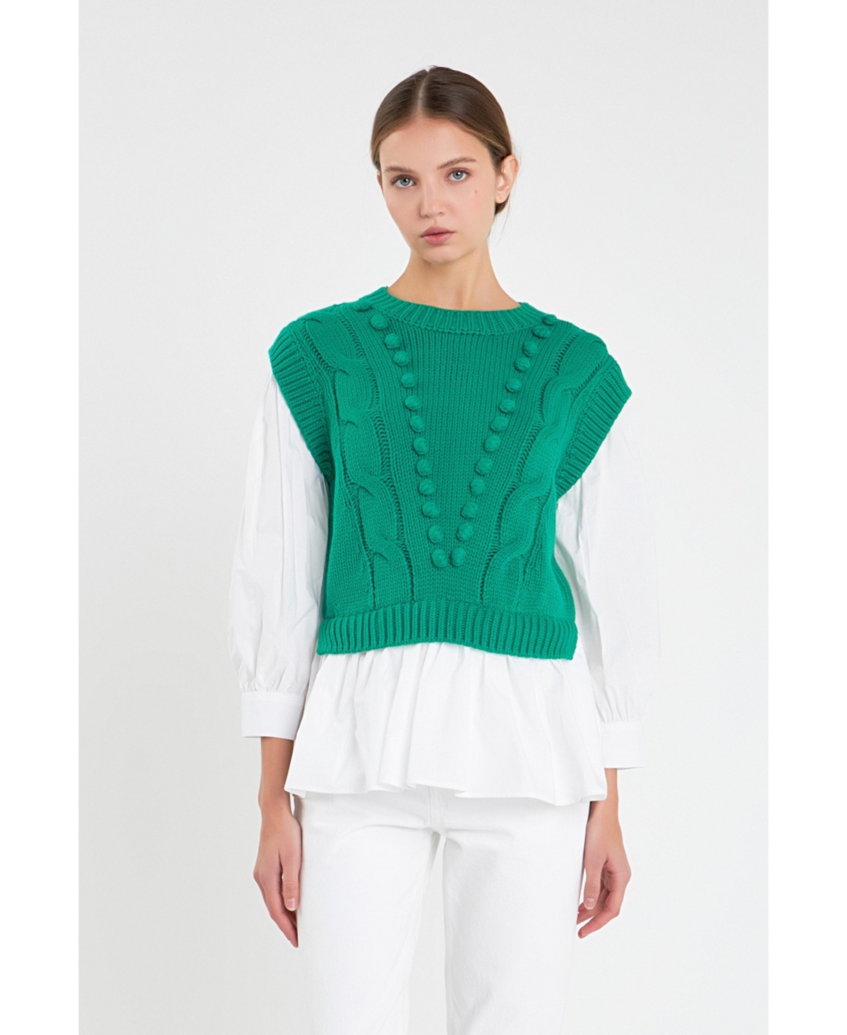 Women's Mixed Media Cable Sweater -white