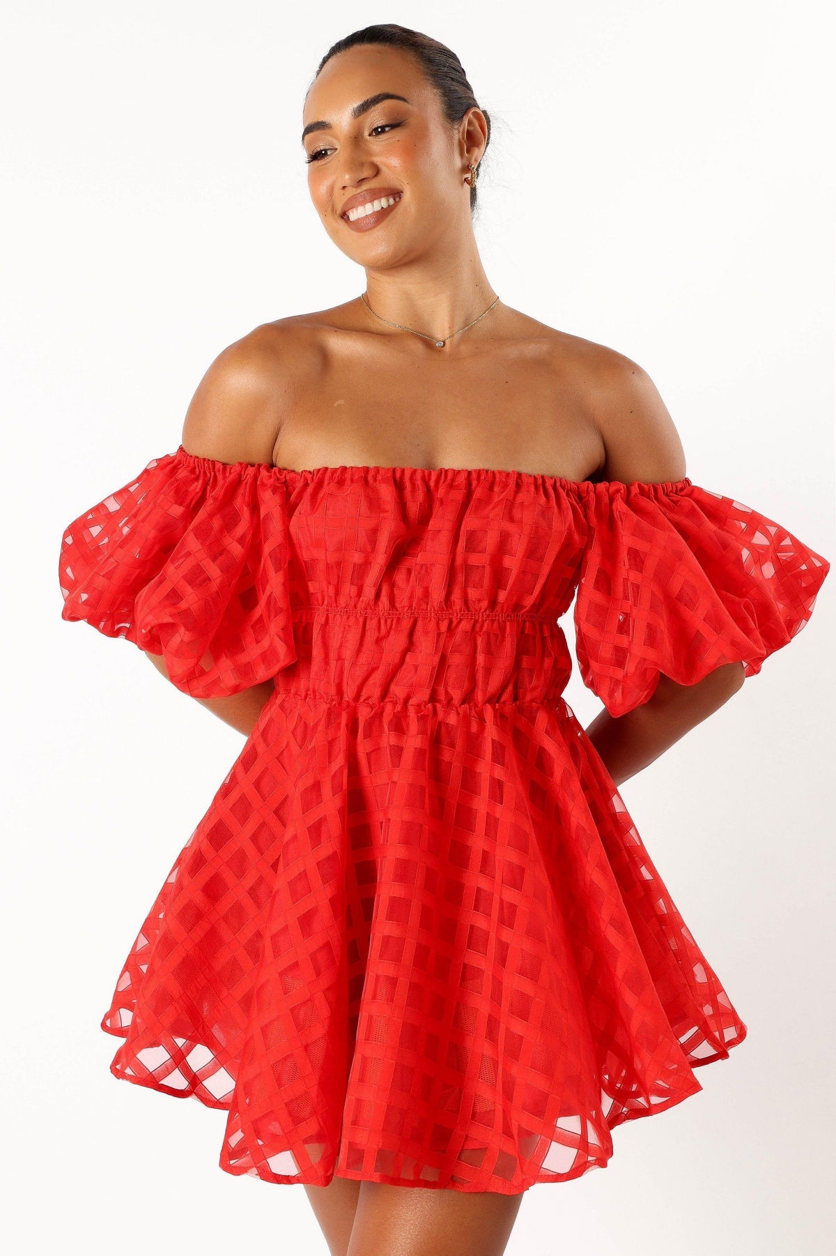 Petal And Pup Philia Check Off The Shoulder Minidress In Red