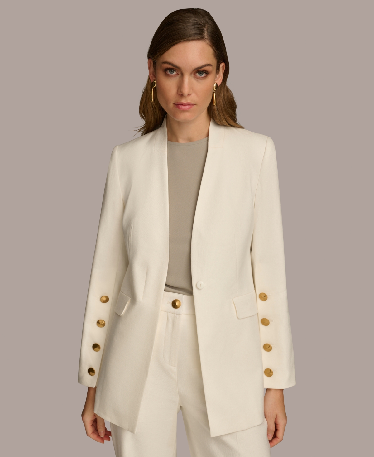Shop Donna Karan Women's Linen-blend Button-sleeve Blazer In Cream
