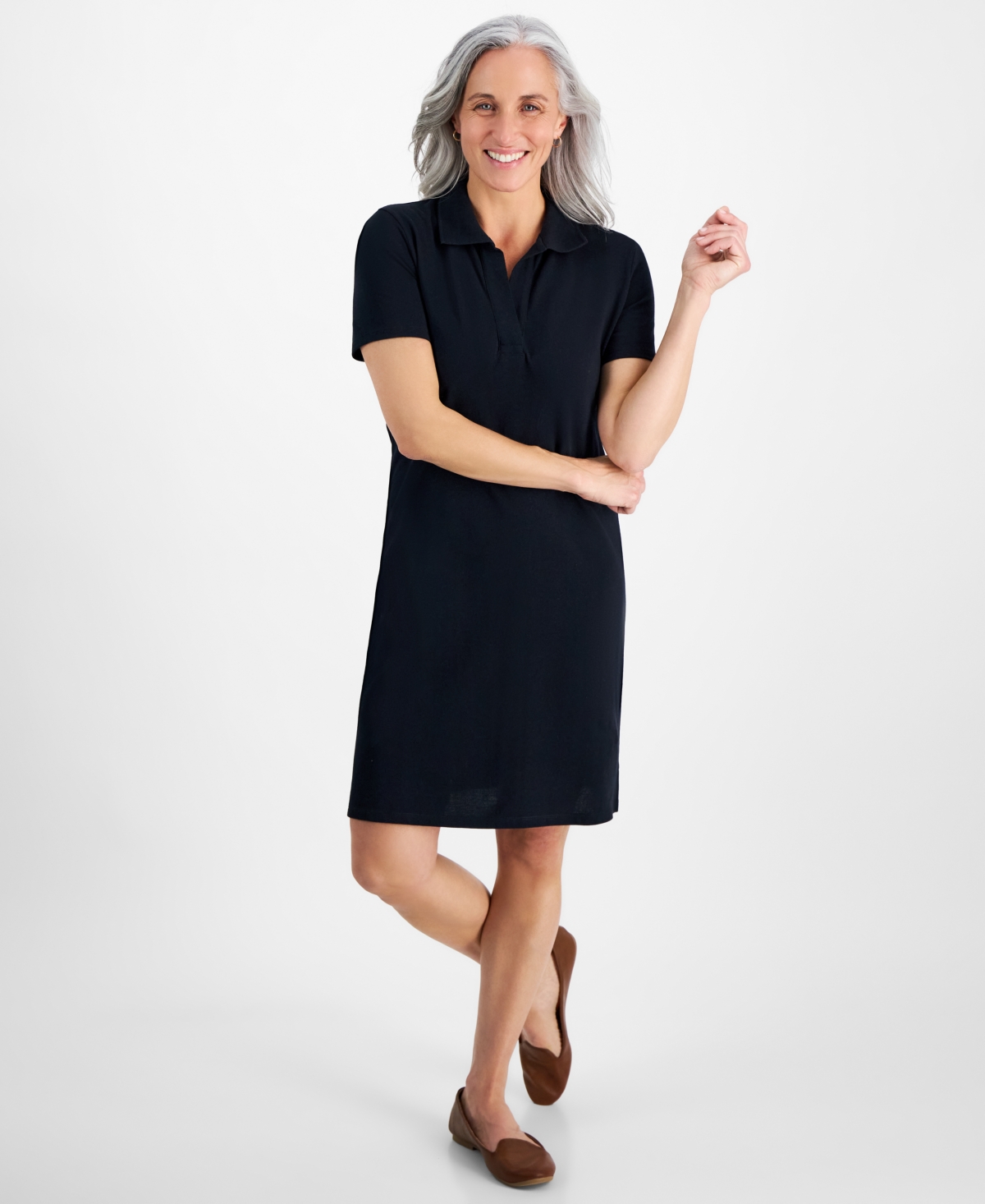 Style & Co Petite Cotton Weekender Polo Dress, Created For Macy's In Deep Black