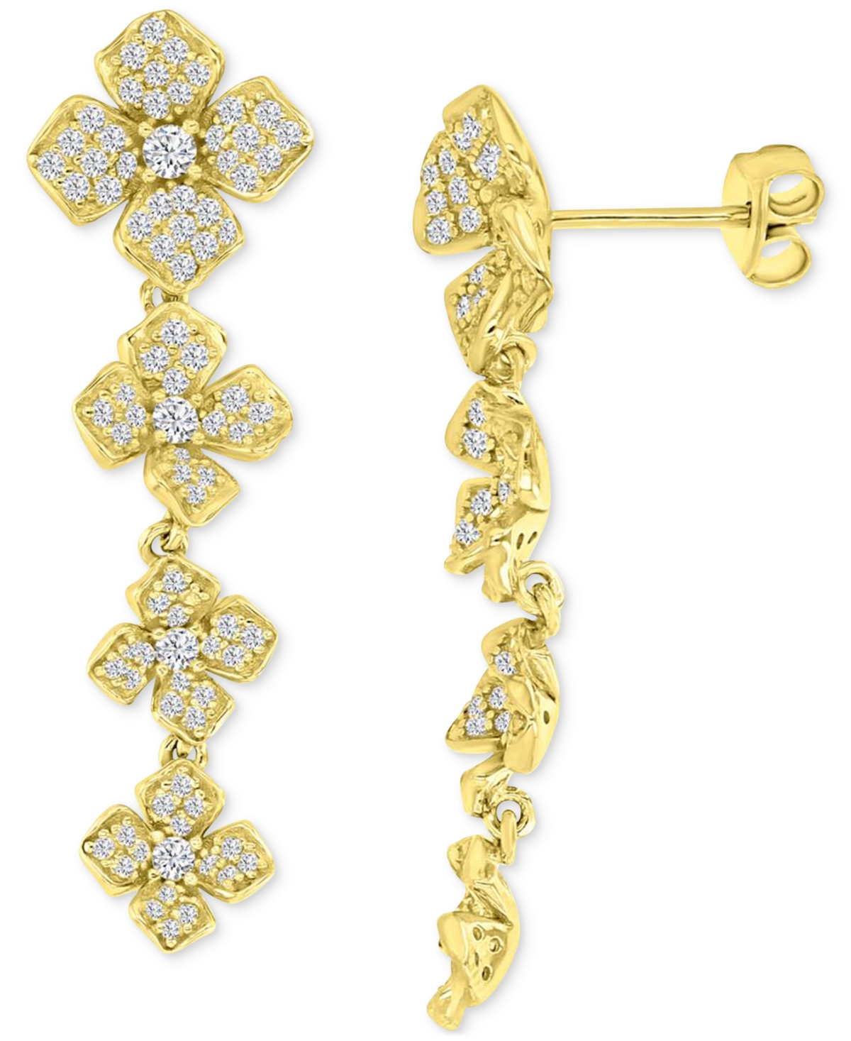 Cubic Zirconia Pave Flower Drop Earrings in 14k Gold-Plated Sterling Silver - Gold