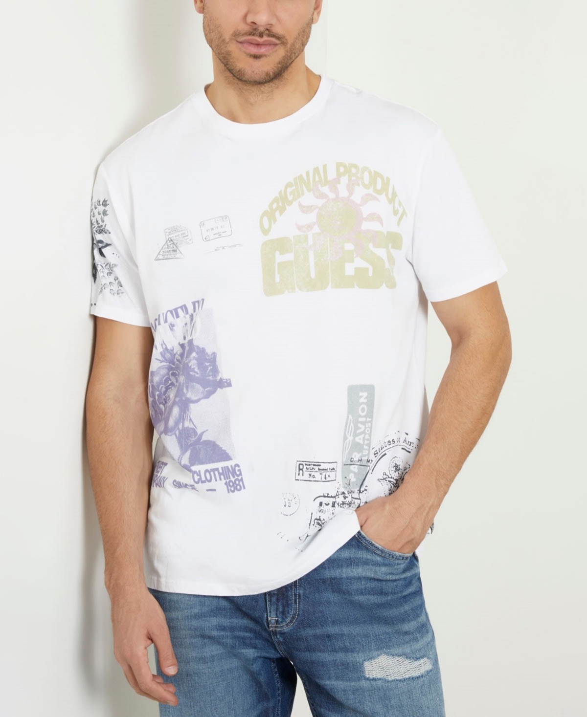 Shop Guess Men's Faded Stamp Graphic Crewneck T-shirt In Pure White Multi