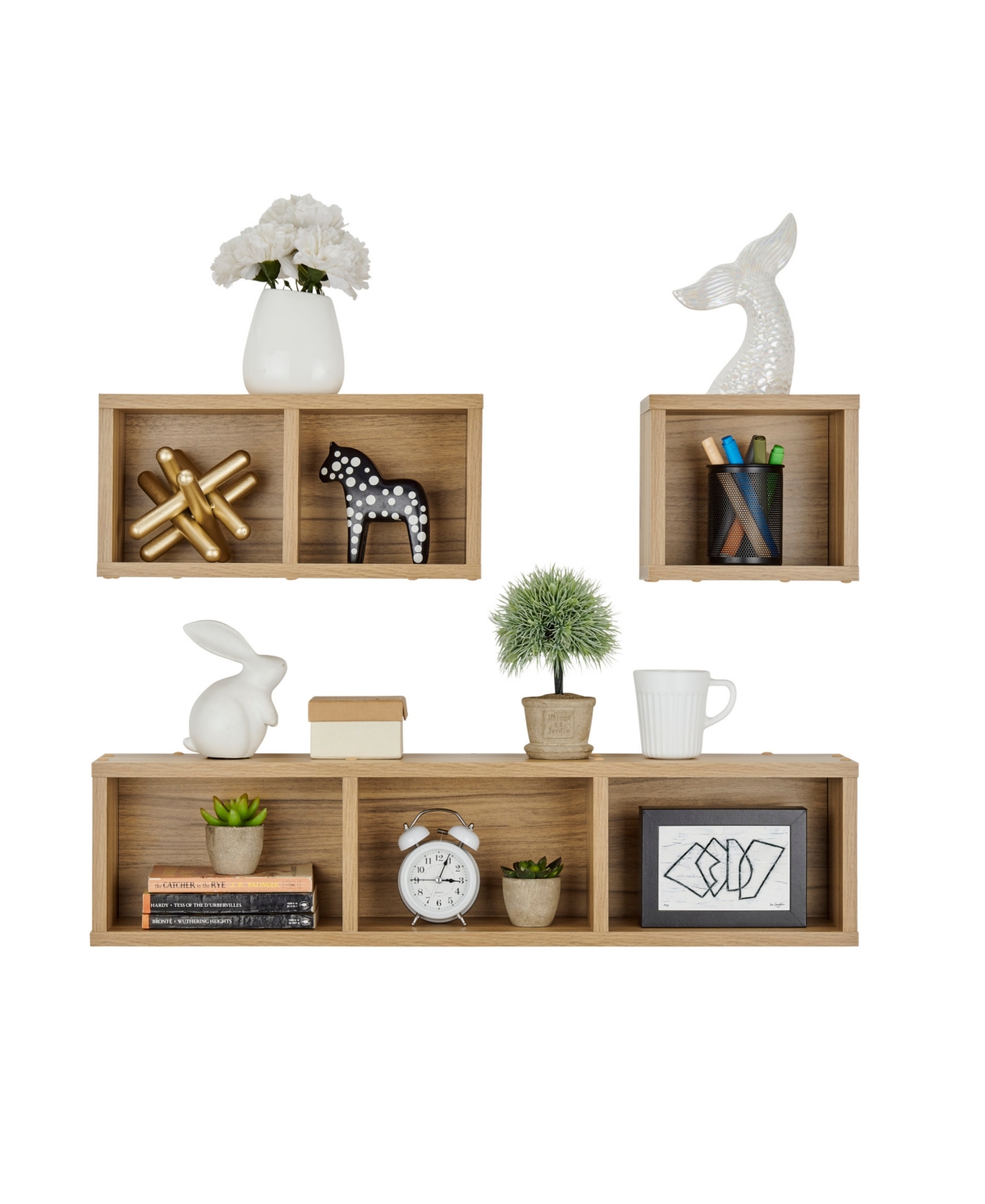 DANYA B BAUHAUS FLOATING GEOMETRIC CUBBY WALL SHELVES, SET OF 3 SIZES 