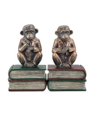 Monkeys on Books Polyresin Antique-Like Patina Finish Bookend, Set of 2