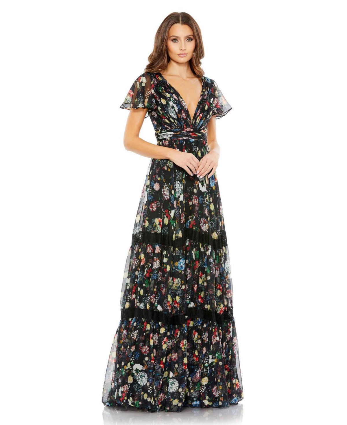 MAC DUGGAL WOMEN'S FLORAL PRINT PLEATED WRAP OVER BUTTERFLY SLEEVE MAXI DRESS