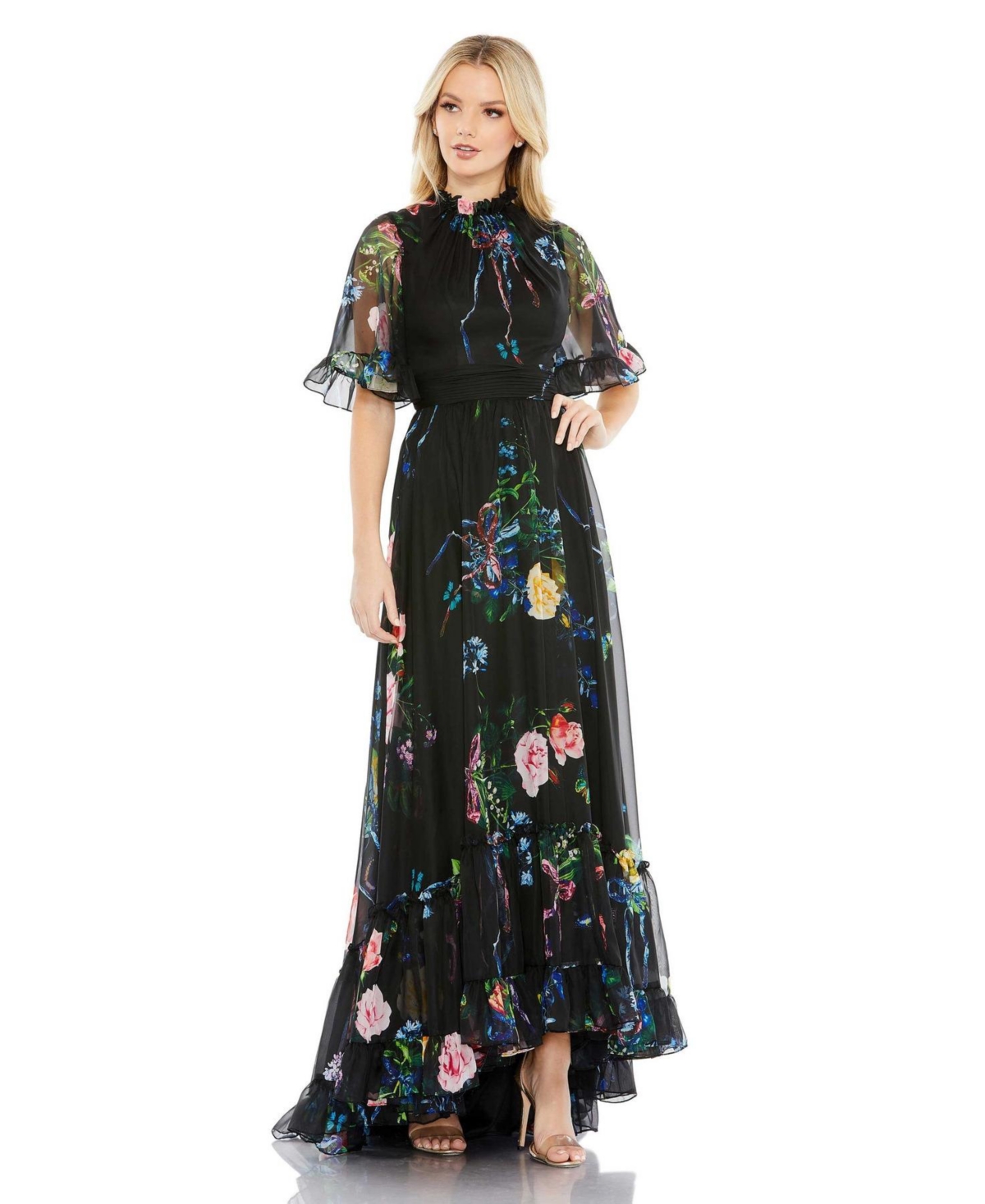 Mac Duggal Floral Ruffle High Neck A-line Gown In Black Multi