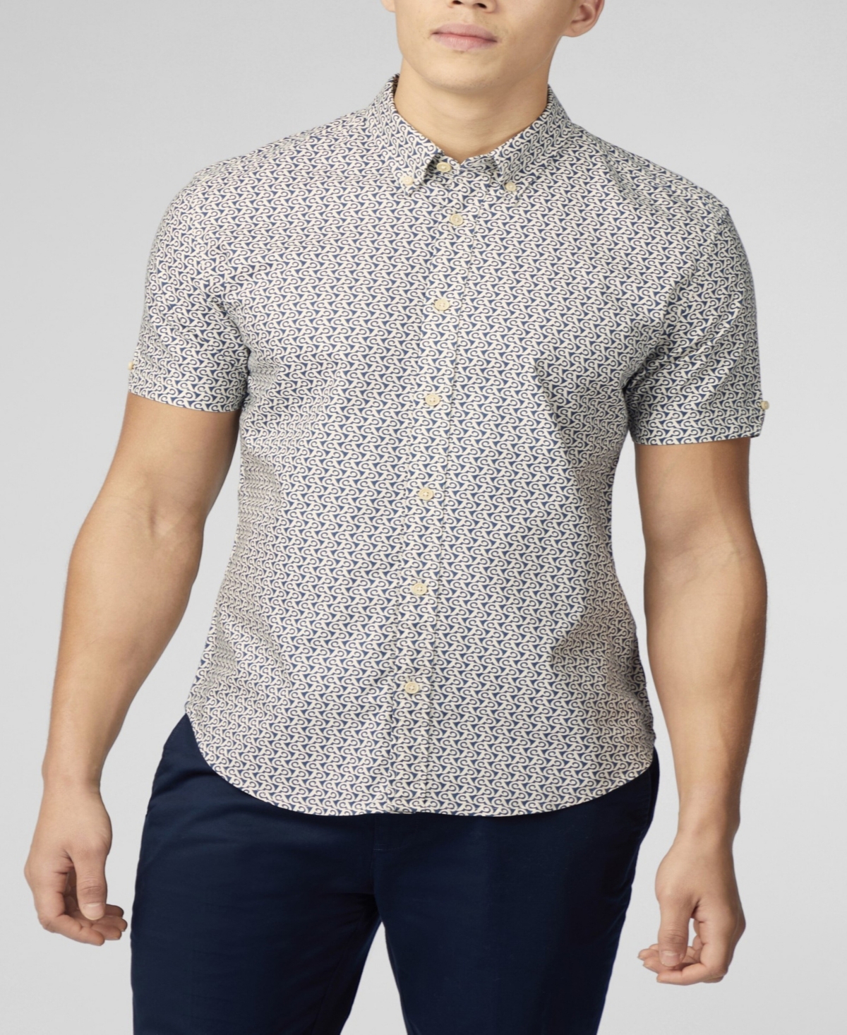 Shop Ben Sherman Men's Geo Wave Print Short Sleeve Shirt In Blue Denim