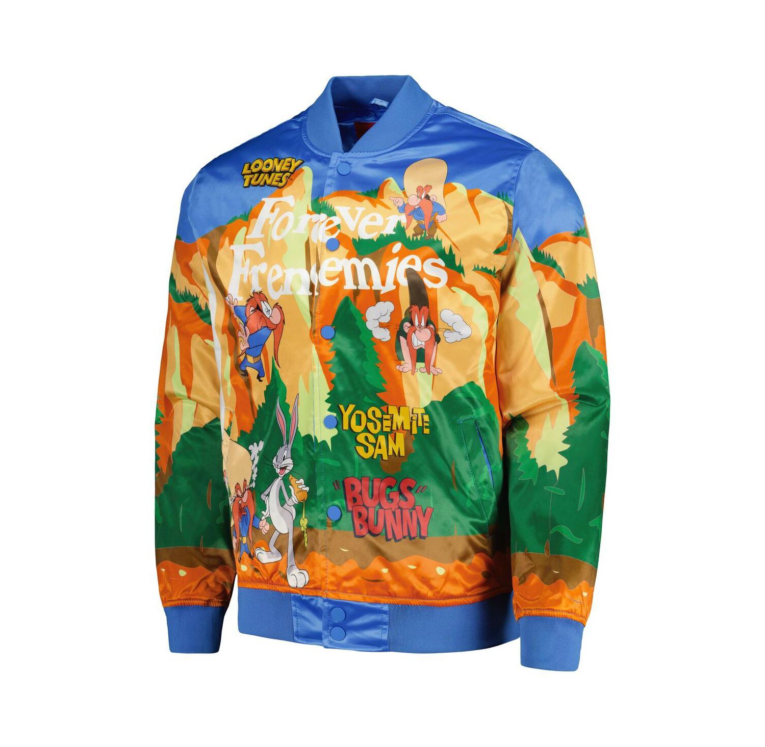 Men's Blue Looney Tunes Graphic Satin Full-Snap Jacket
