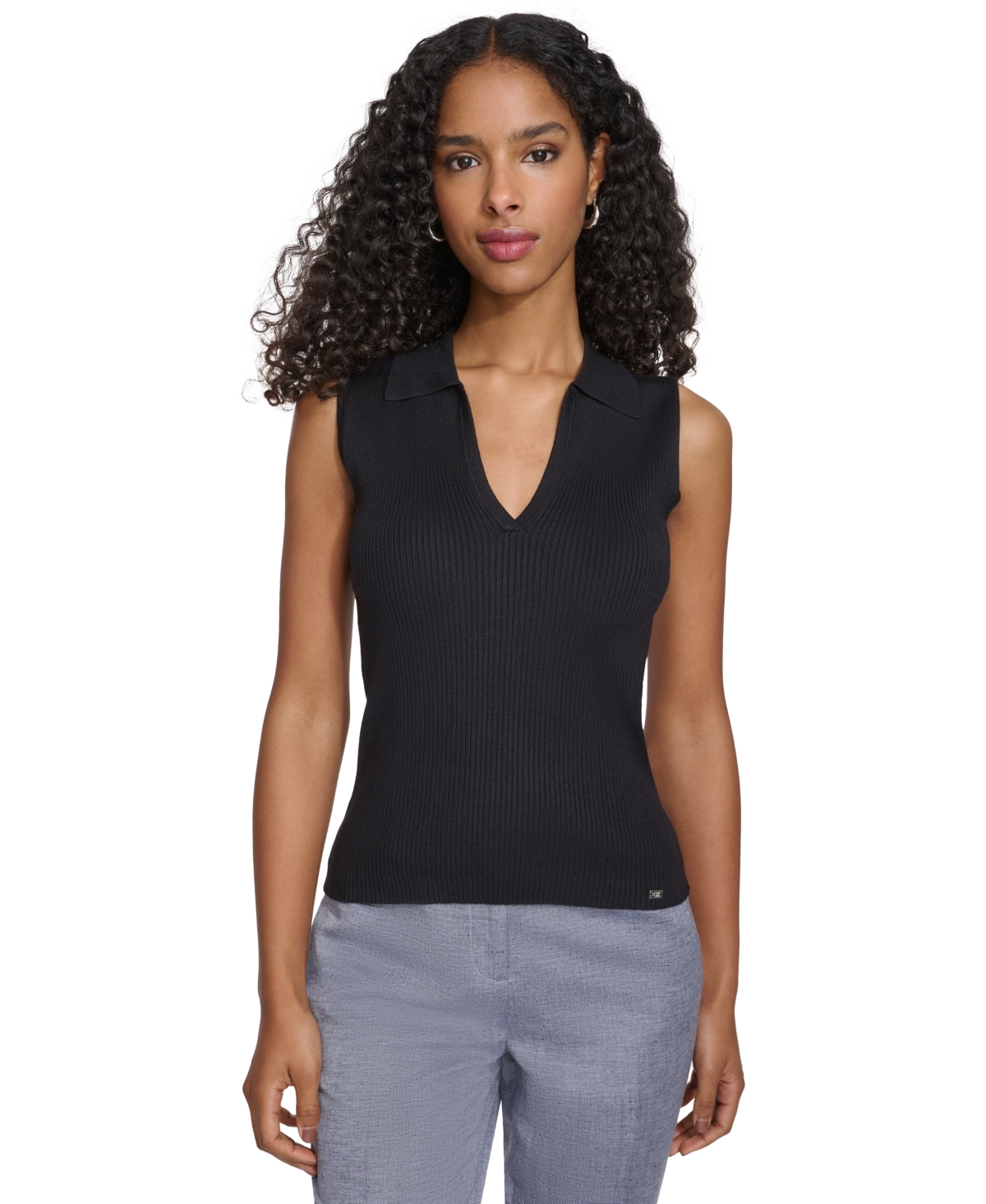 Shop Calvin Klein Women's Ribbed V-neck Sleeveless Sweater Top In Navy