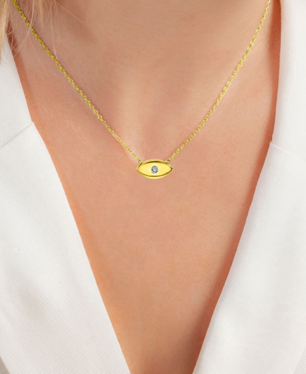 MACY'S CUBIC ZIRCONIA POLISHED EVIL EYE PENDANT NECKLACE IN 14K GOLD-PLATED STERLING SILVER, 16" + 2" EXTEN 