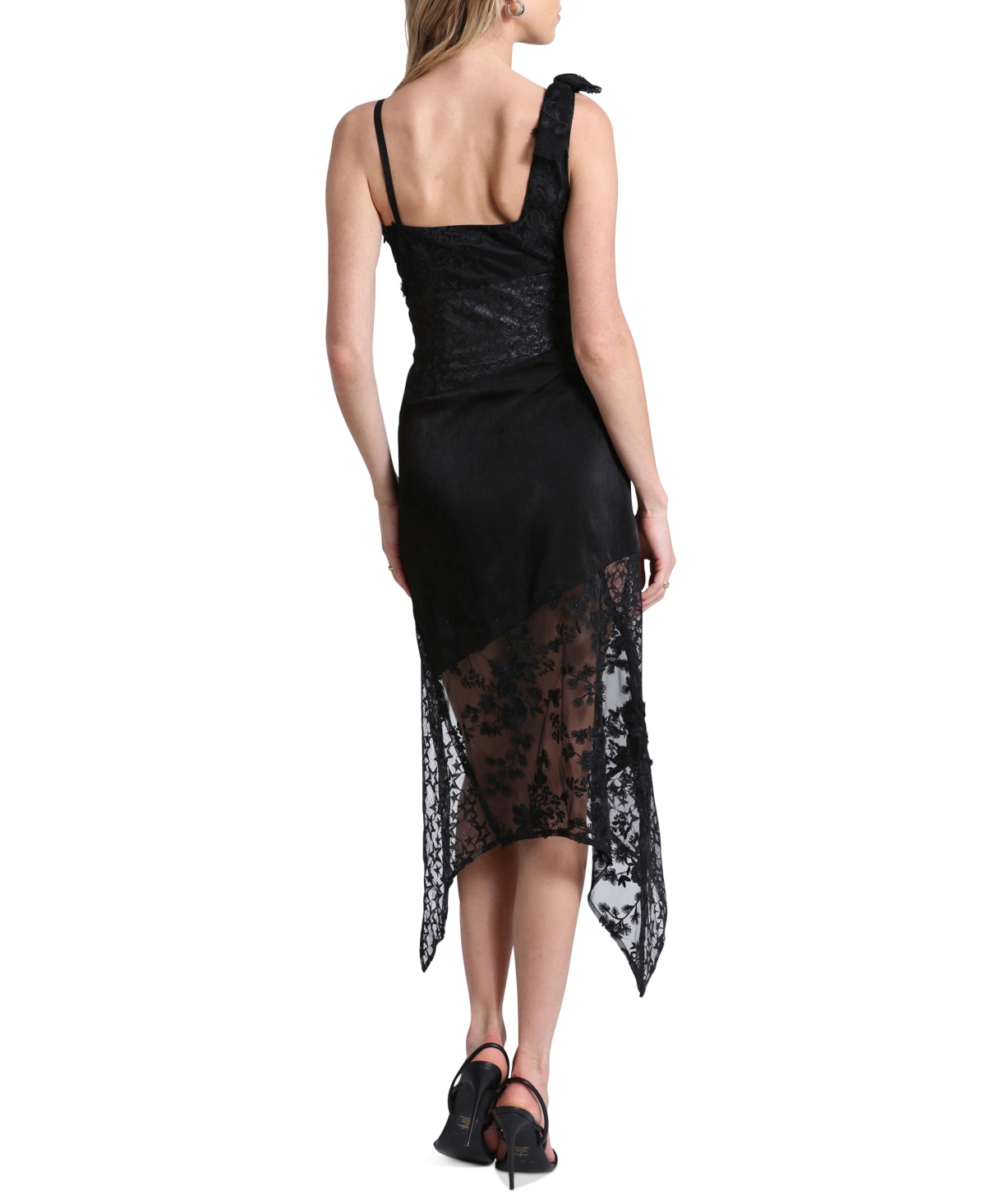 Shop Avec Les Filles Women's Lace Asymmetrical Midi Dress In Black