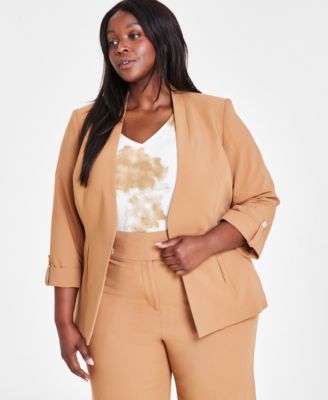 Calvin Klein Plus Size Collarless Open-Front Roll-Tab Sleeve Jacket ...