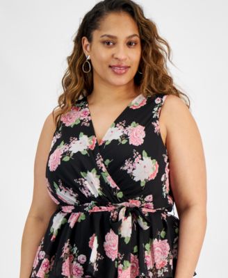 City Chic Women's Plus Size Maxi English Rose Dress - Wrap V-Neck, Puff Sleeves, Linen-Cotton Blend, Tiered Skirt