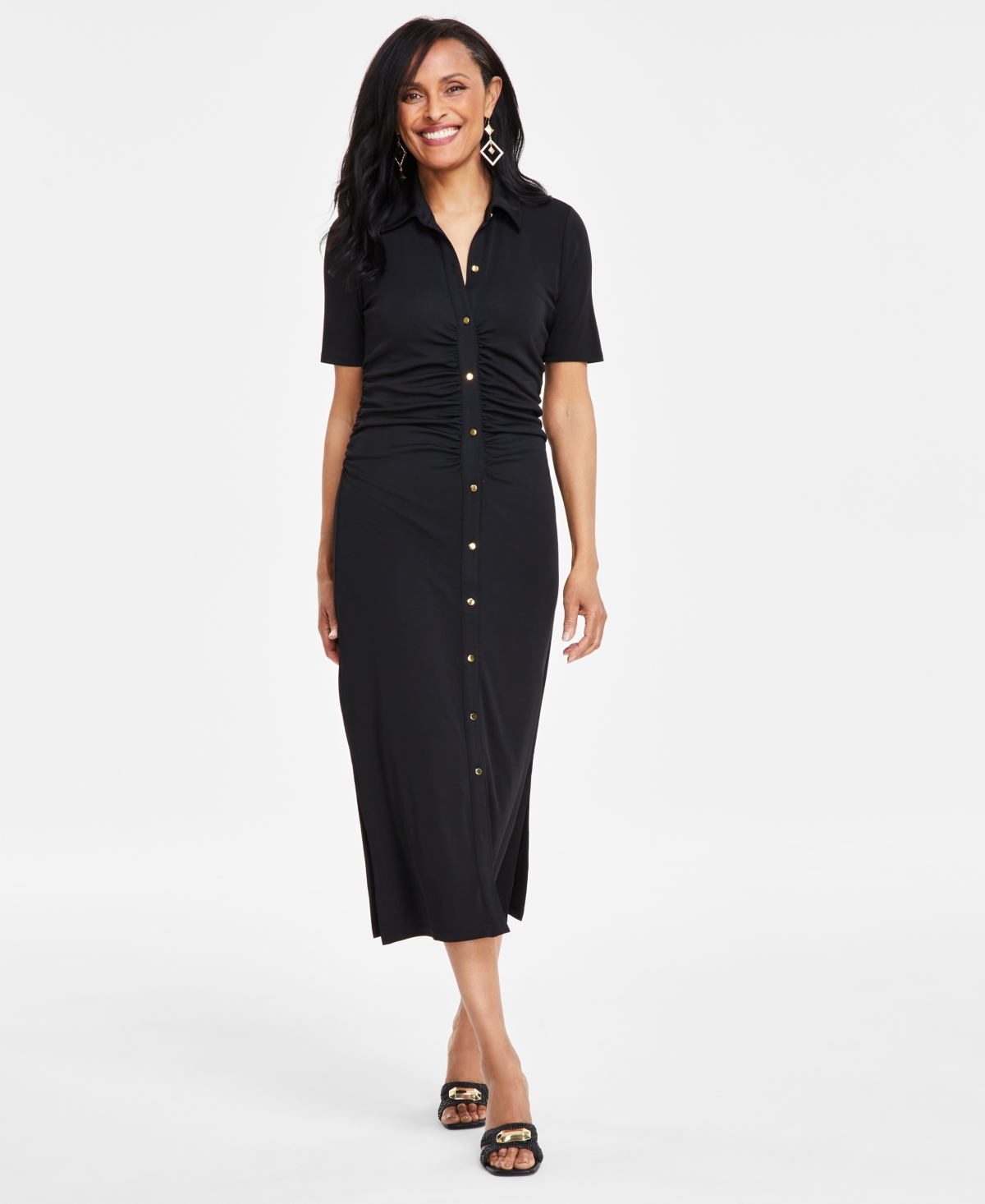 Shop Inc International Concepts Women's Short-sleeve Button-front Dress, Created For Macy's In Deep Black