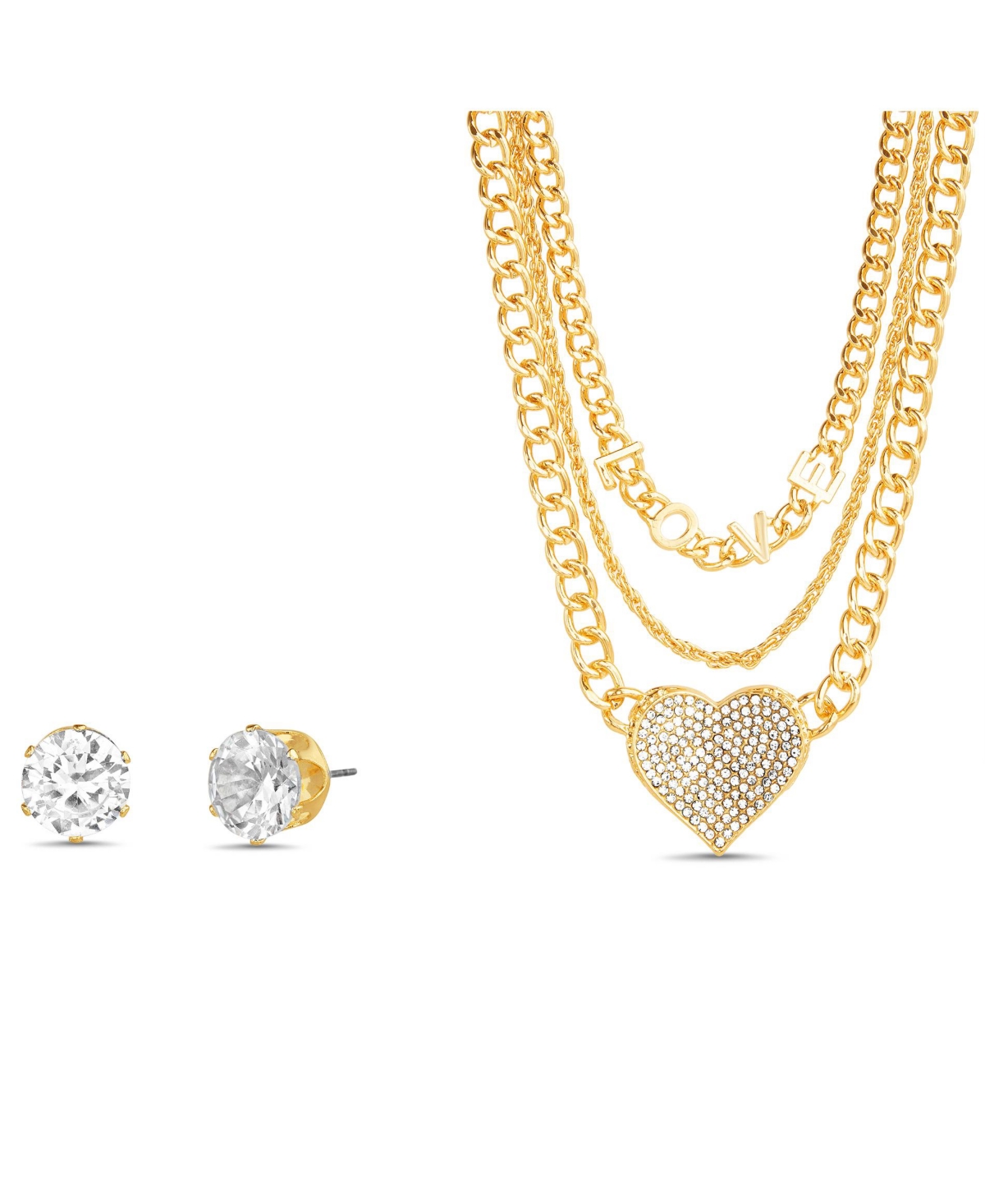 Gold-Tone 3-Row Necklace with Love Letter Charms and Heart Pendant with Round Cz Earrings Set - Gold