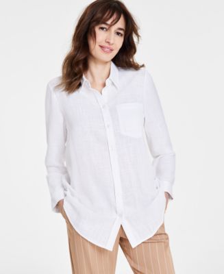 Tahari ASL Women's Linen-Blend Long Sleeve Button Front Shirt Macy's