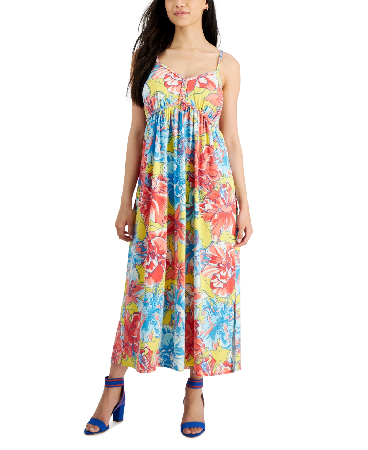 Jamie & Layla Petite Floral Braided-trim Midi Dress In Yellow Pink Floral