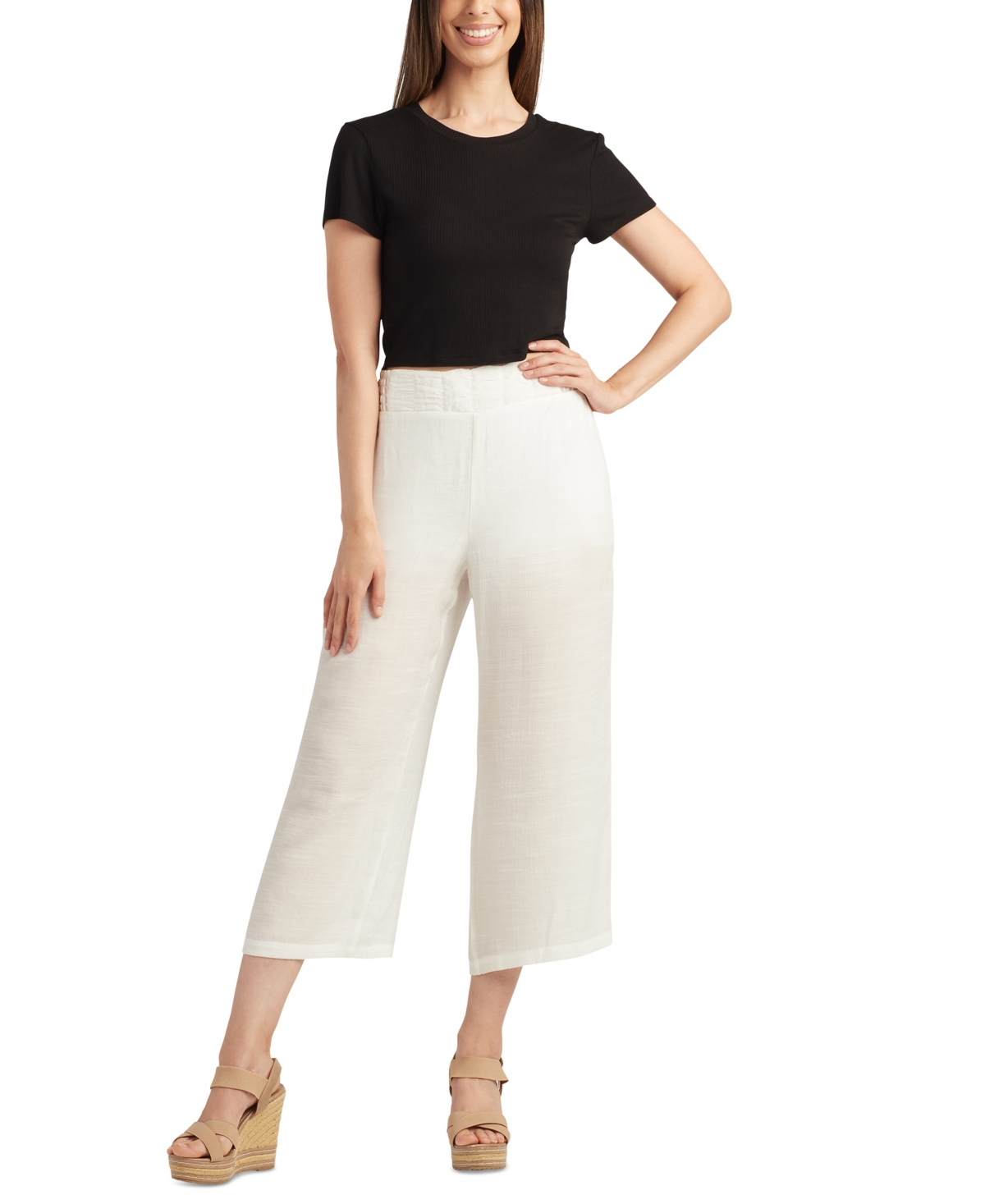 Shop Bcx Juniors' Ruched-front Wide-leg Pull-on Cropped Pants In Off White