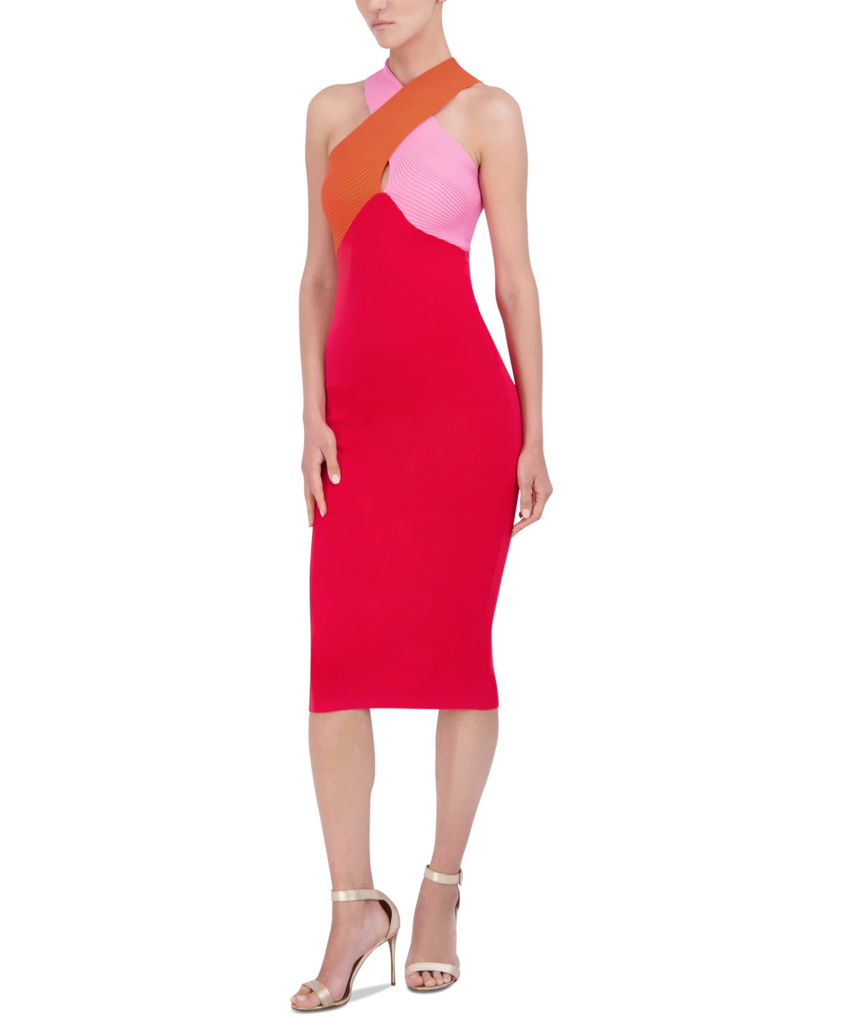 Shop Bcbg New York Women's Halter Colorblock Knit Midi Dress In Redmulti